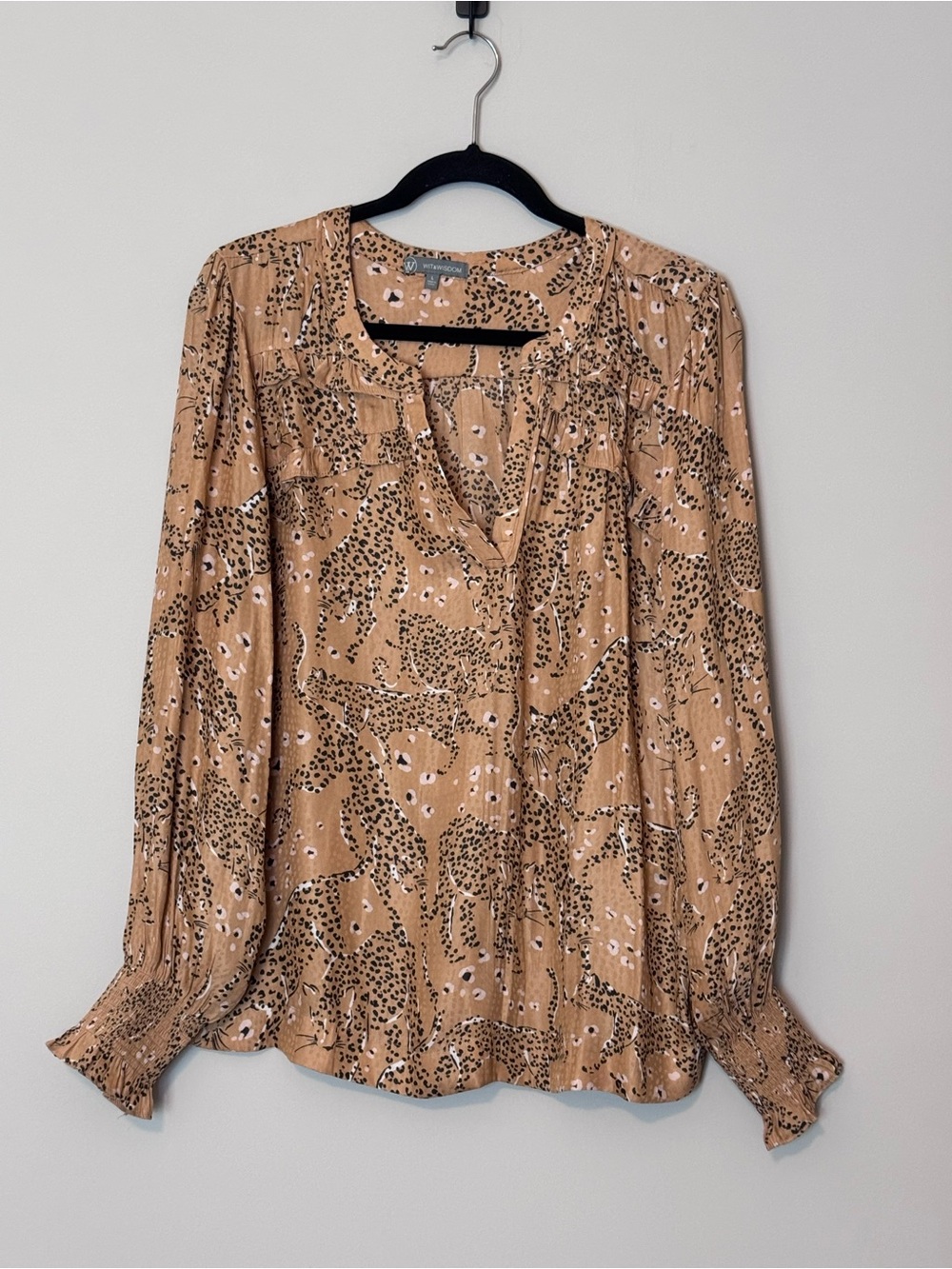 Wit & Wisdom Cheetah Print Ruffle Blouse Women’s Large Smocked Cuffs